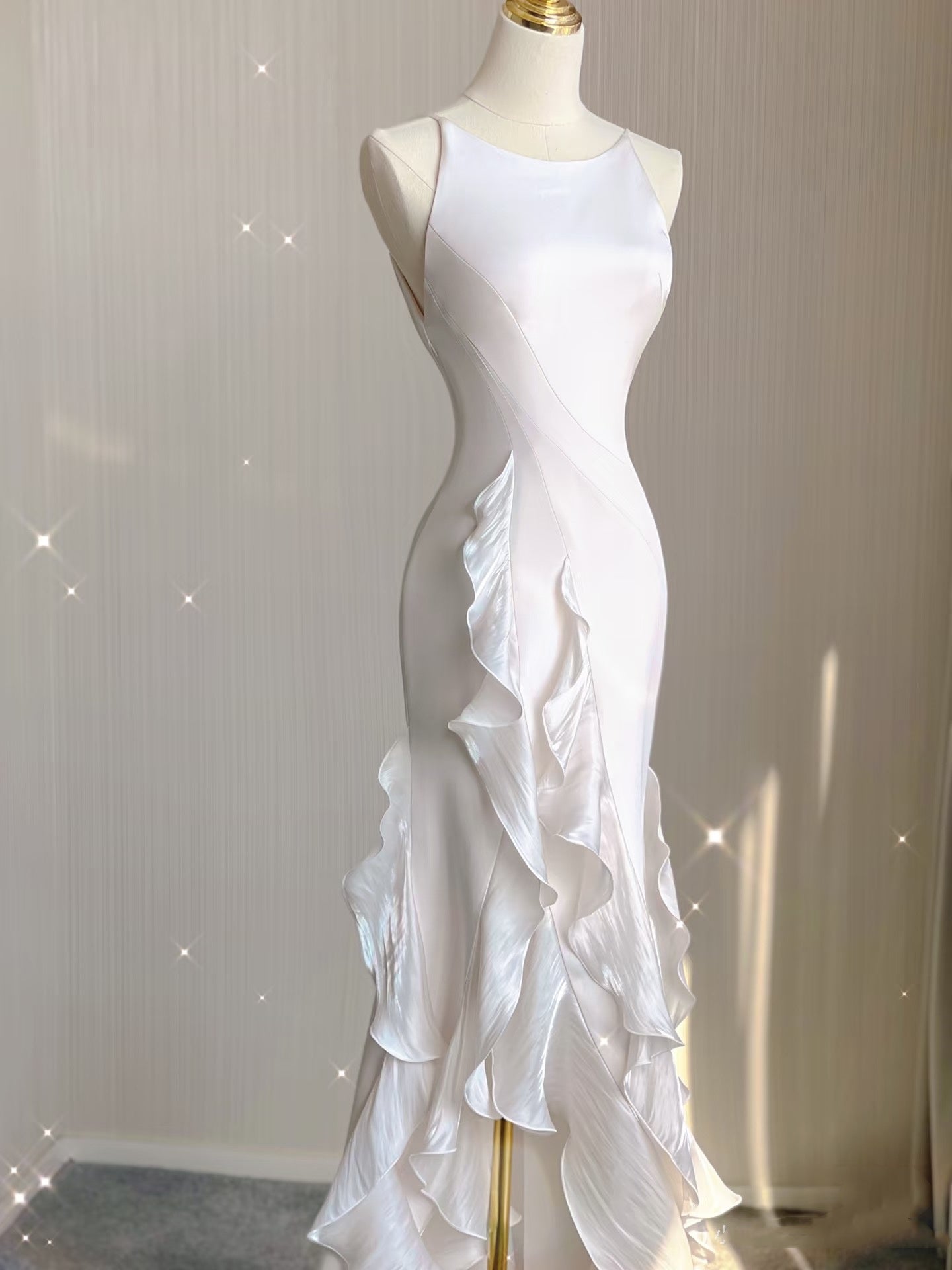 Sexy Mermaid Scoop Satin Night Party Dress White Long Classy Prom Dress
