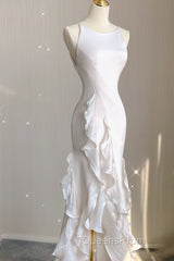 Sexy Mermaid Scoop Satin Night Party Dress White Long Evening Prom Dress