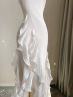 Sexy Mermaid Scoop Satin Night Party Dress White Long Classy Prom Dress
