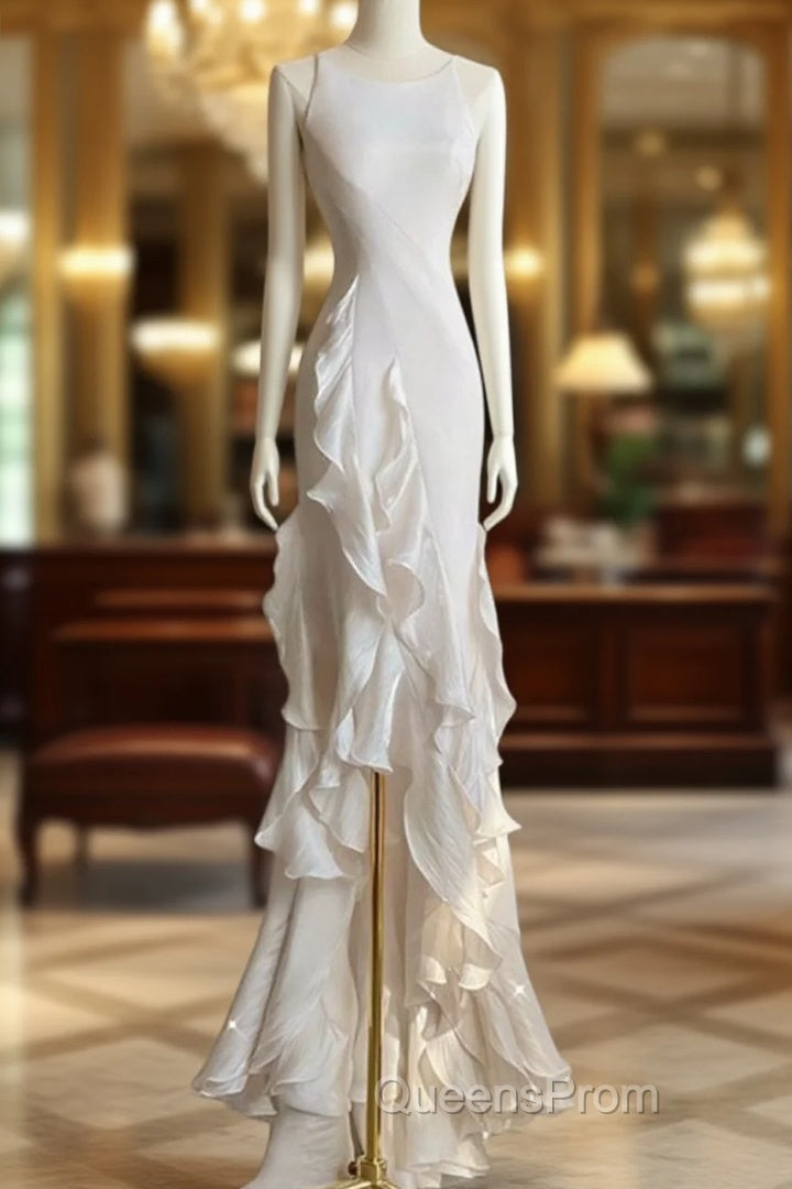 Sexy Mermaid Scoop Satin Night Party Dress White Long Evening Prom Dress Main image