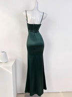 Sexy Mermaid Sleeveless Green Satin Long Classy Prom Dress