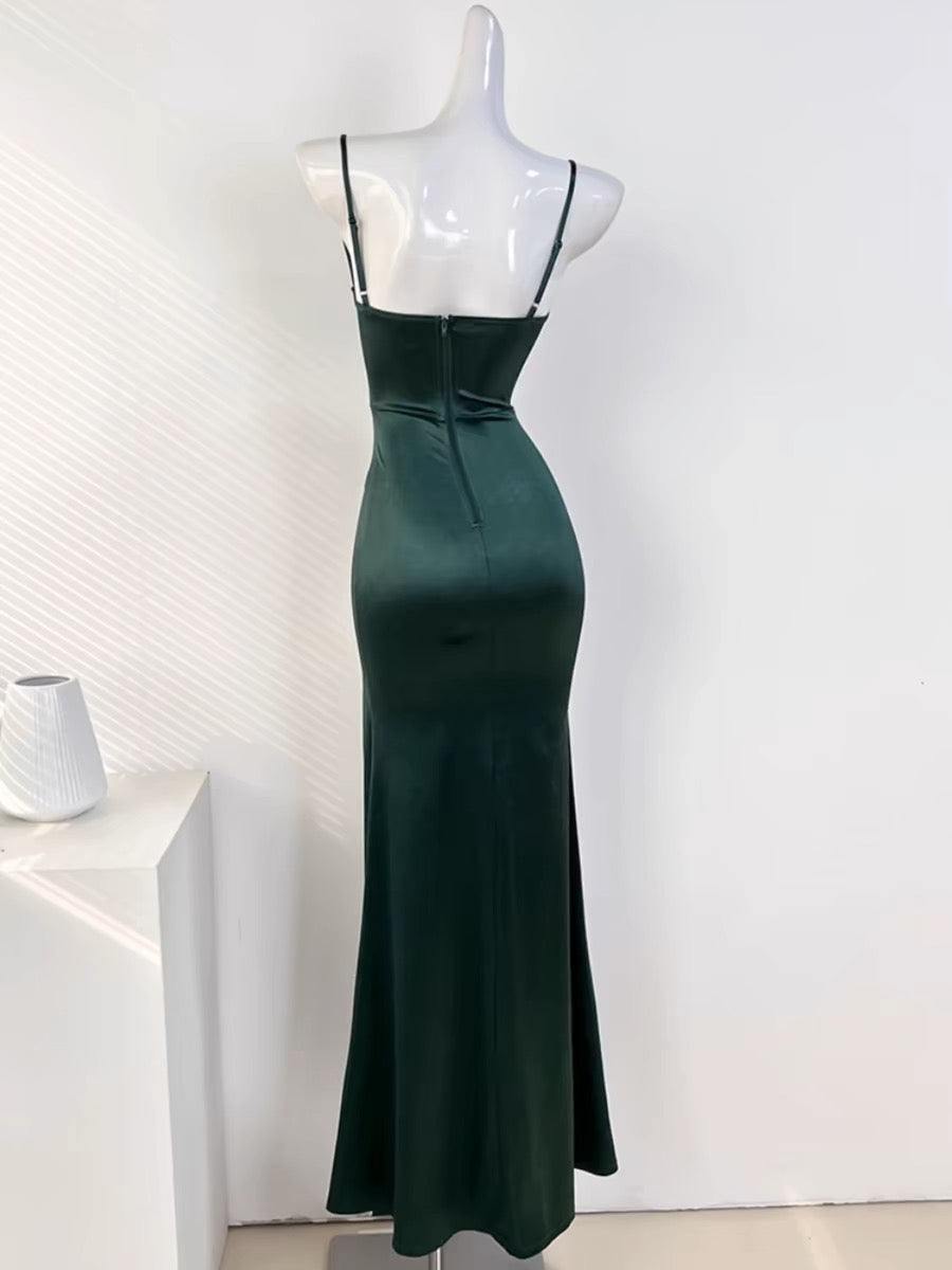Sexy Mermaid Sleeveless Green Satin Long Classy Prom Dress