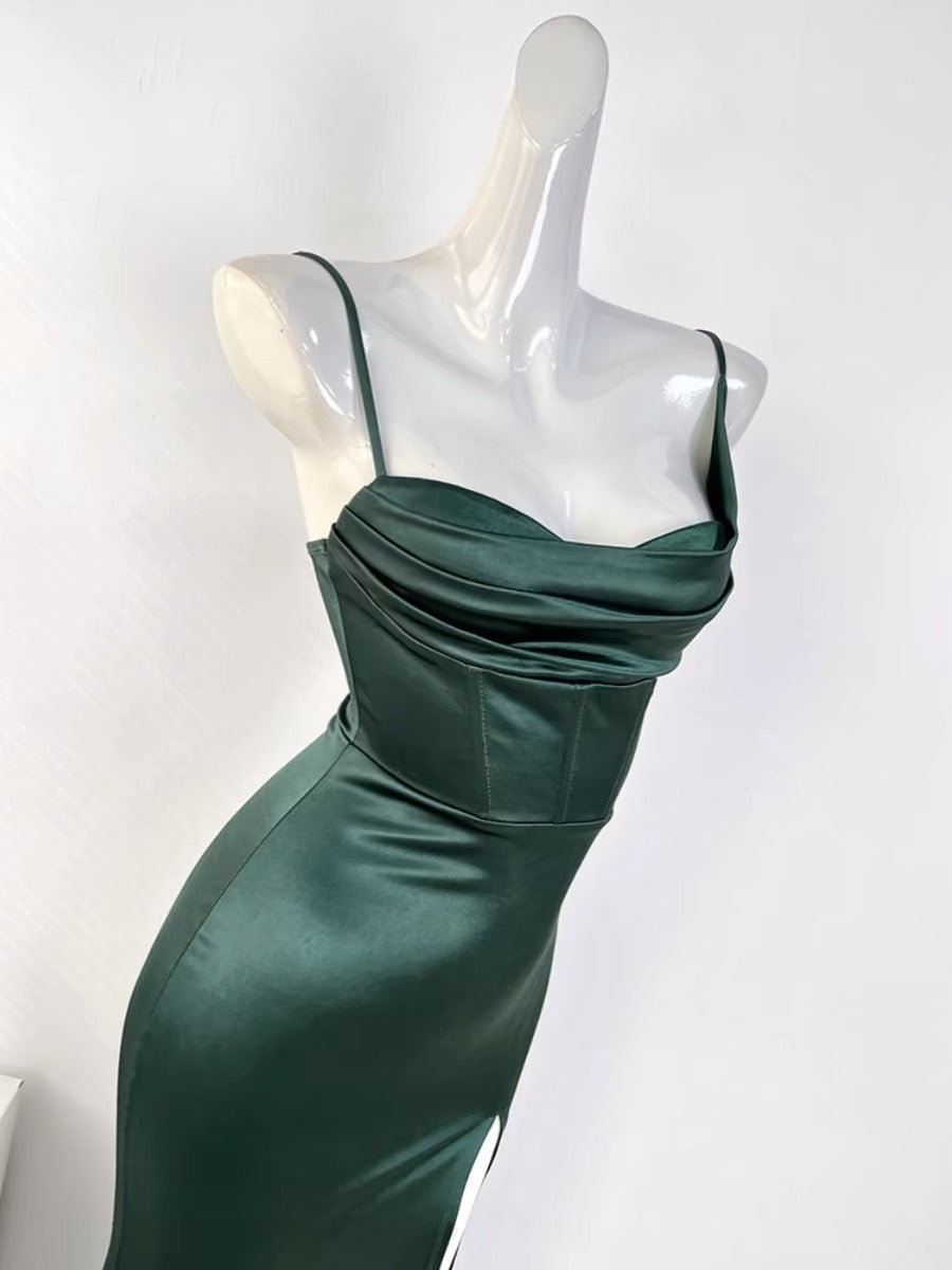 Sexy Mermaid Sleeveless Green Satin Long Classy Prom Dress