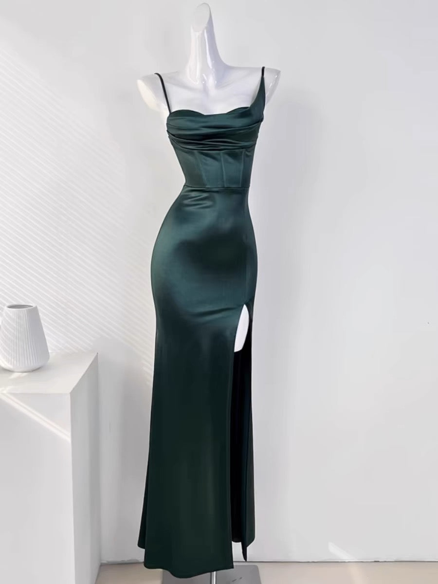 Sexy Mermaid Sleeveless Green Satin Long Classy Prom Dress