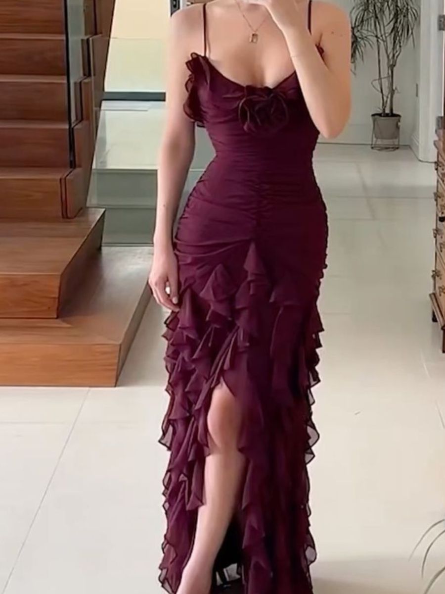 Sexy Mermaid Spaghetti Straps Ankle Length Chiffon Classy Evening Dress Classy Prom Dress