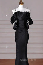 Sexy Mermaid Spaghetti Straps Black Long Formal Dress Satin Evening Prom Dress