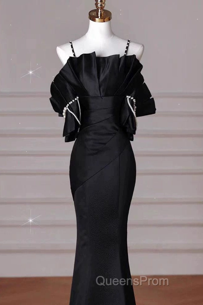 Sexy Mermaid Spaghetti Straps Black Long Formal Dress Satin Evening Prom Dress