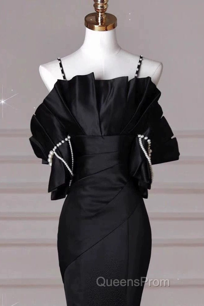 Sexy Mermaid Spaghetti Straps Black Long Formal Dress Satin Evening Prom Dress