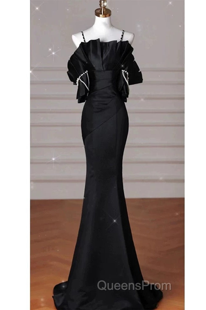 Sexy Mermaid Spaghetti Straps Black Long Formal Dress Satin Evening Prom Dress