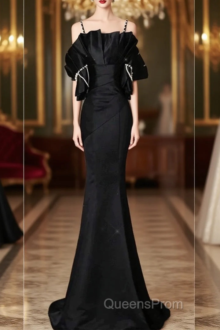 Sexy Mermaid Spaghetti Straps Black Long Formal Dress Satin Evening Prom Dress Main image