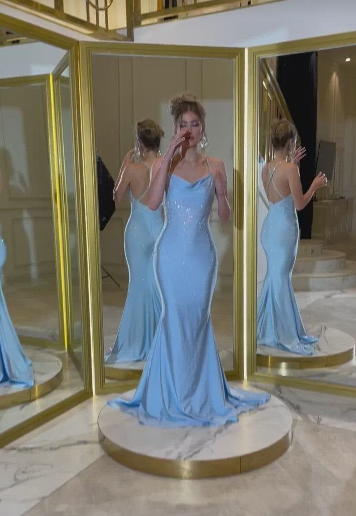 Sexy Mermaid Spaghetti Straps Blue Sequin Long Classy Prom Dress Long Party Dress