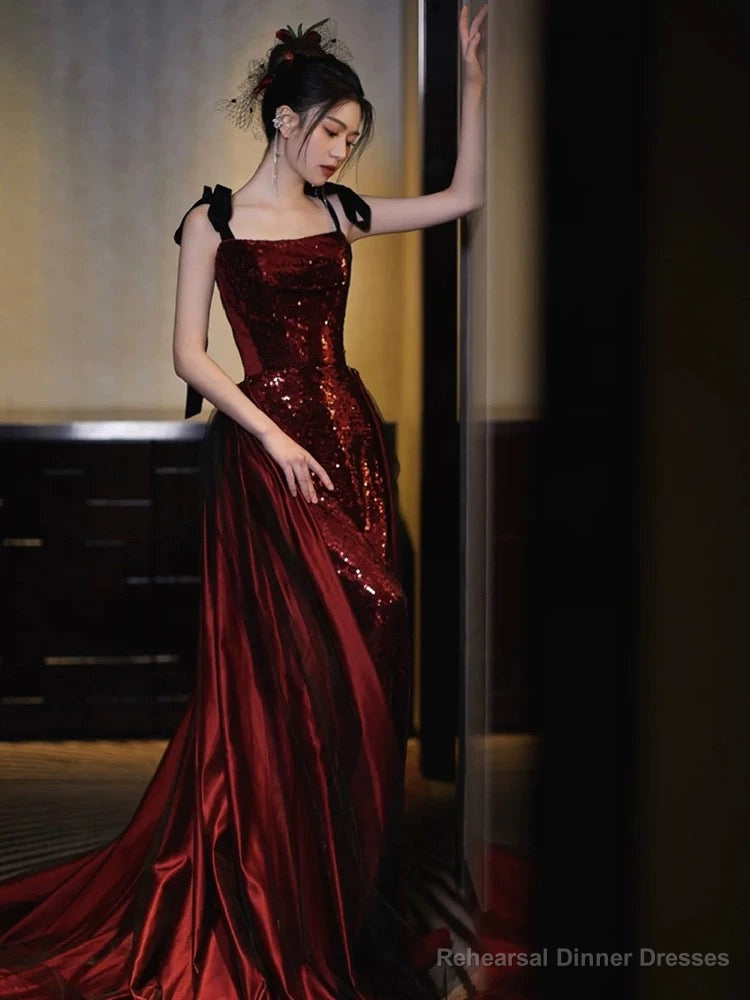 Sexy Mermaid Spaghetti Straps Burgundy Floor Length Evening Dress Prom Dresses