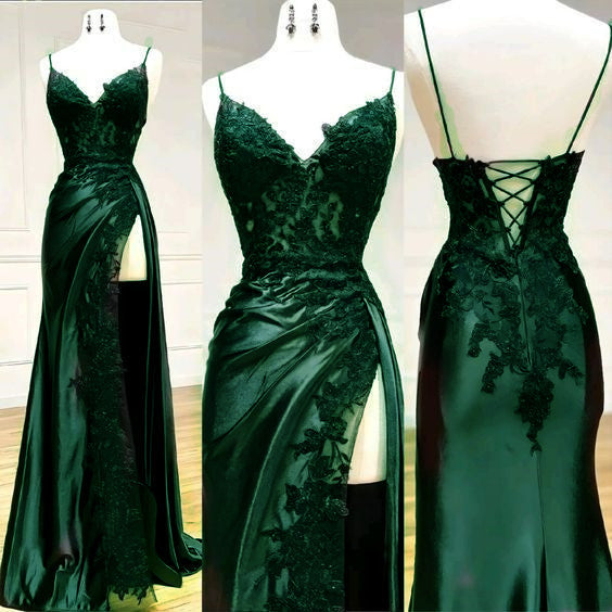 Sexy Mermaid Spaghetti Straps Dark Green Lace Backless Classy Prom Dress Long Party Dress Main image