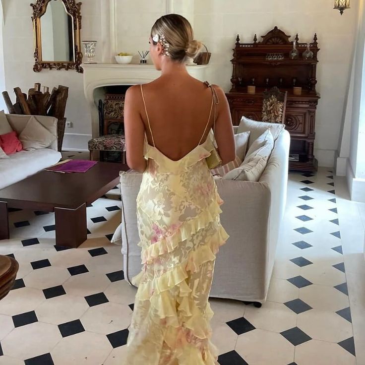 Sexy Mermaid Spaghetti Straps Floor Length Floral Yellow Chiffon Classy Evening Dress Classy Prom Dress Secondary image