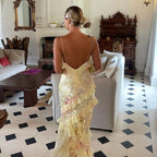 Sexy Mermaid Spaghetti Straps Floor Length Floral Yellow Chiffon Classy Evening Dress Classy Prom Dress