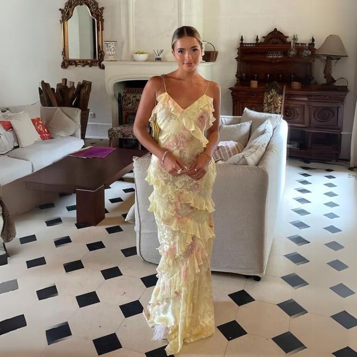 Sexy Mermaid Spaghetti Straps Floor Length Floral Yellow Chiffon Classy Evening Dress Classy Prom Dress