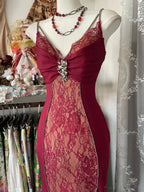 Sexy Mermaid Spaghetti Straps Red Lace Classy Prom Dress Long Party Dress