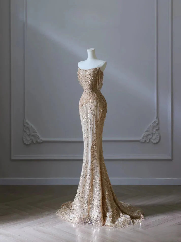 Pretty Mermaid Strapless Gold Sequin Beads Long Classy Prom Dress Classy Evening Dress Secondary image