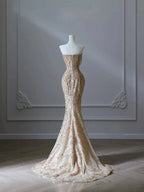Pretty Mermaid Strapless Gold Sequin Beads Long Classy Prom Dress Classy Evening Dress