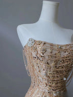 Pretty Mermaid Strapless Gold Sequin Beads Long Classy Prom Dress Classy Evening Dress