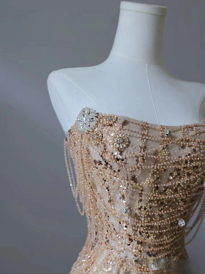 Pretty Mermaid Strapless Gold Sequin Beads Long Classy Prom Dress Classy Evening Dress