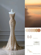 Pretty Mermaid Strapless Gold Sequin Beads Long Classy Prom Dress Classy Evening Dress