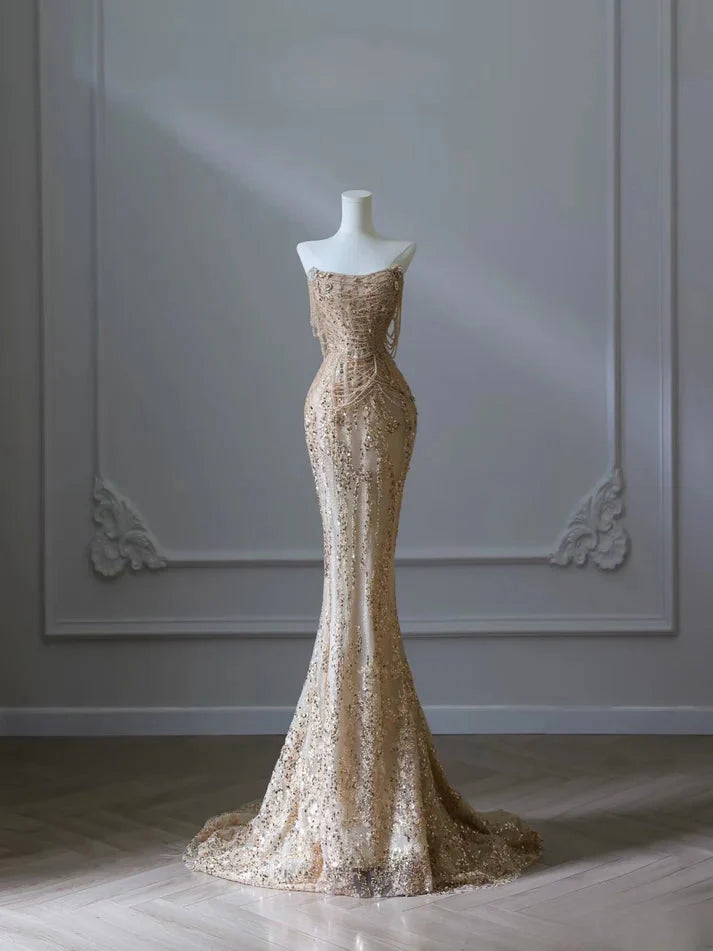Pretty Mermaid Strapless Gold Sequin Beads Long Classy Prom Dress Classy Evening Dress Main image