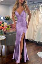 Sexy Mermaid Spaghetti Straps Satin Slit Prom Dress with Hot Stone