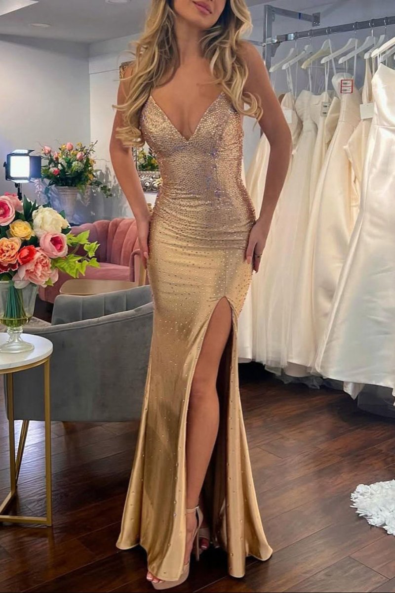 Sexy Mermaid Spaghetti Straps Satin Slit Prom Dress with Hot Stone Main image