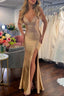 Sexy Mermaid Spaghetti Straps Satin Slit Prom Dress with Hot Stone