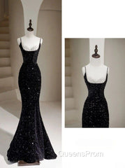 Sexy Mermaid Spaghetti Straps Sequin Black Long Evening Prom Dress