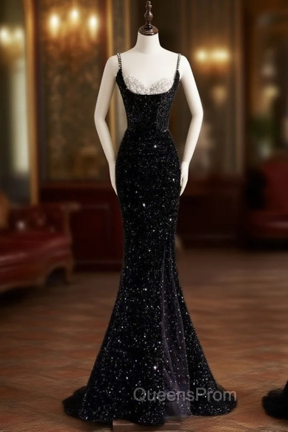 Sexy Mermaid Spaghetti Straps Sequin Black Long Evening Prom Dress Main image
