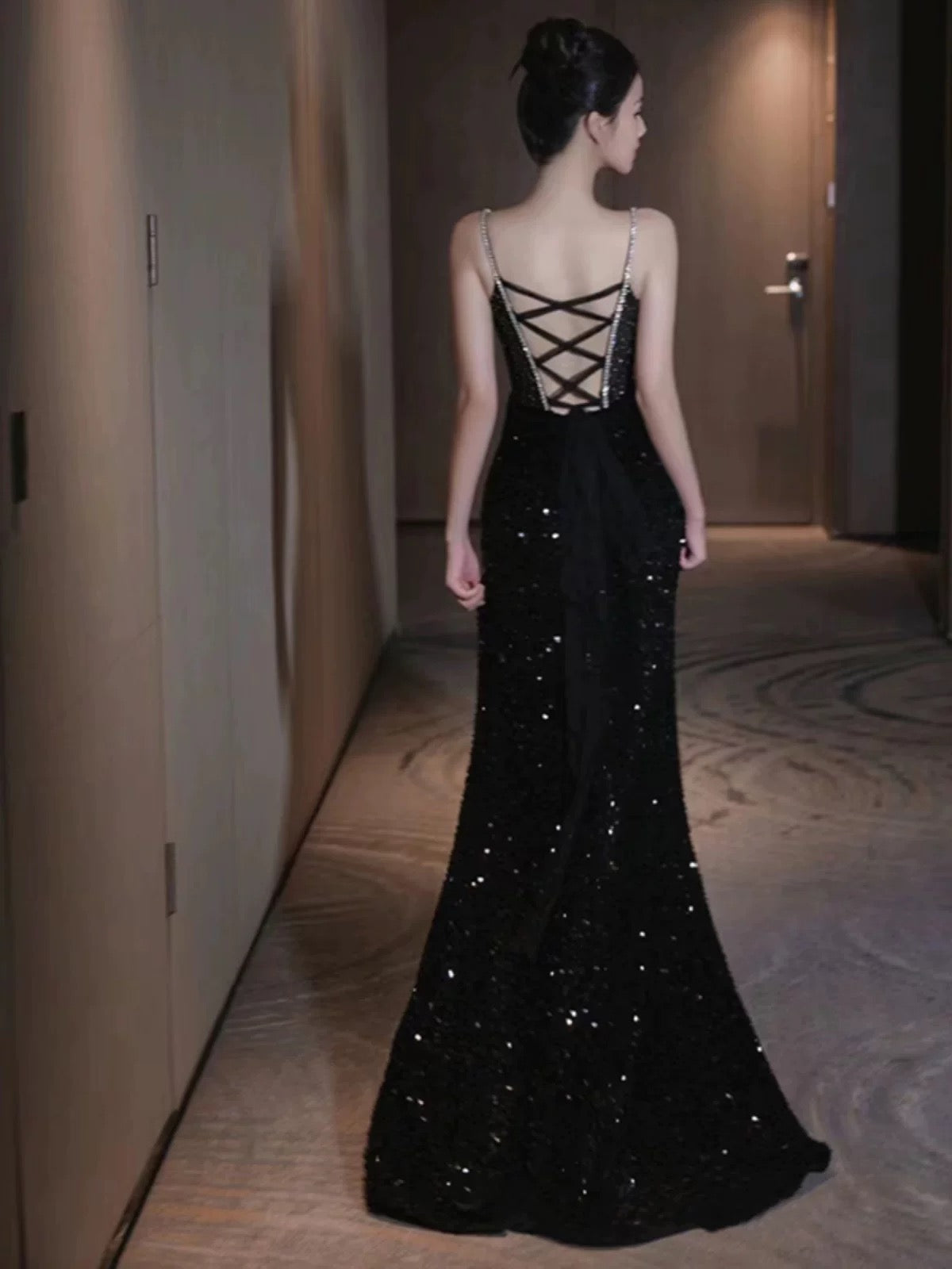 Sexy Mermaid Spaghetti Straps Sequin Black Long Classy Prom Dress Secondary image