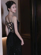 Sexy Mermaid Spaghetti Straps Sequin Black Long Classy Prom Dress
