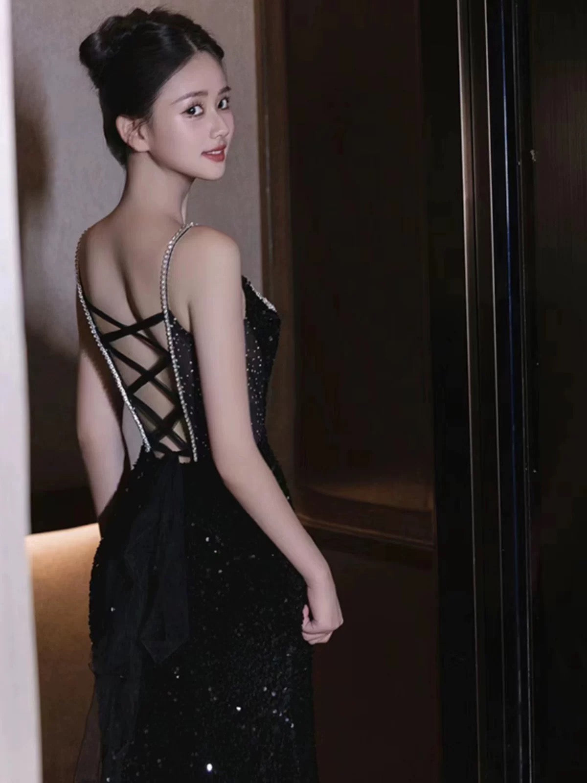 Sexy Mermaid Spaghetti Straps Sequin Black Long Classy Prom Dress
