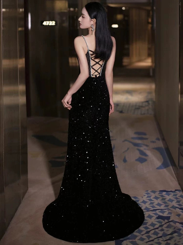 Sexy Mermaid Spaghetti Straps Sequin Black Long Classy Prom Dress