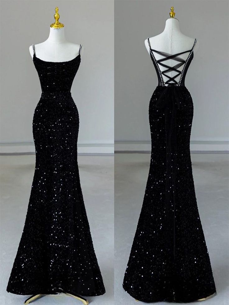 Sexy Mermaid Spaghetti Straps Sequin Black Long Classy Prom Dress Main image