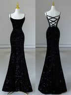 Sexy Mermaid Spaghetti Straps Sequin Black Long Classy Prom Dress