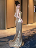 Sexy Mermaid Spaghetti Straps Sequin Gold Floor Length Evening Dress Prom Dresses