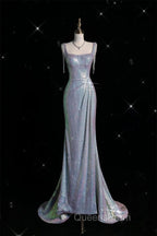 Sexy Mermaid Spaghetti Straps Sequin Silver Evening Gowns Long Evening Prom Dress