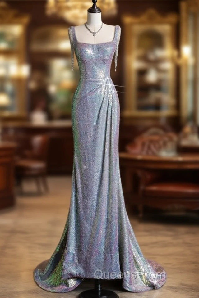 Sexy Mermaid Spaghetti Straps Sequin Silver Evening Gowns Long Evening Prom Dress Main image