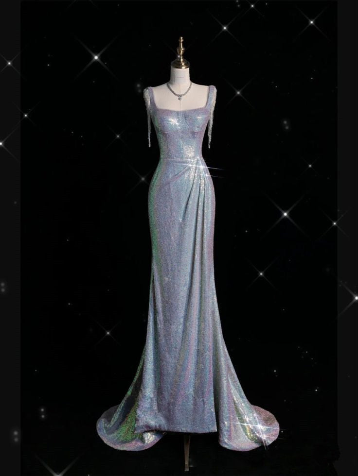 Sexy Mermaid Spaghetti Straps Sequin Silver Classy Evening Gowns Long Classy Prom Dress