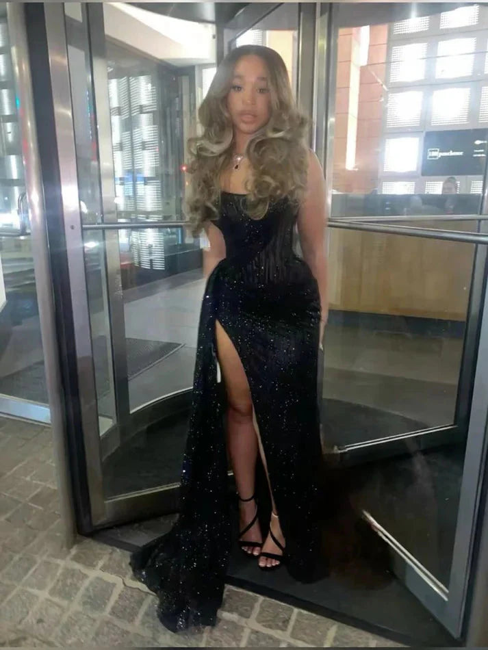 Sexy Mermaid Spaghetti Straps Sequin Slit Black Long Classy Prom Dress Party Dress