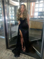 Sexy Mermaid Spaghetti Straps Sequin Slit Black Long Classy Prom Dress Party Dress