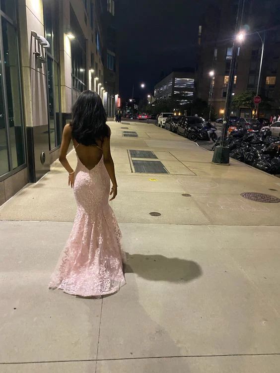 Sexy Mermaid Spaghetti Straps Sleeveless Lace Pink Classy Prom Dress Birthday Outfit