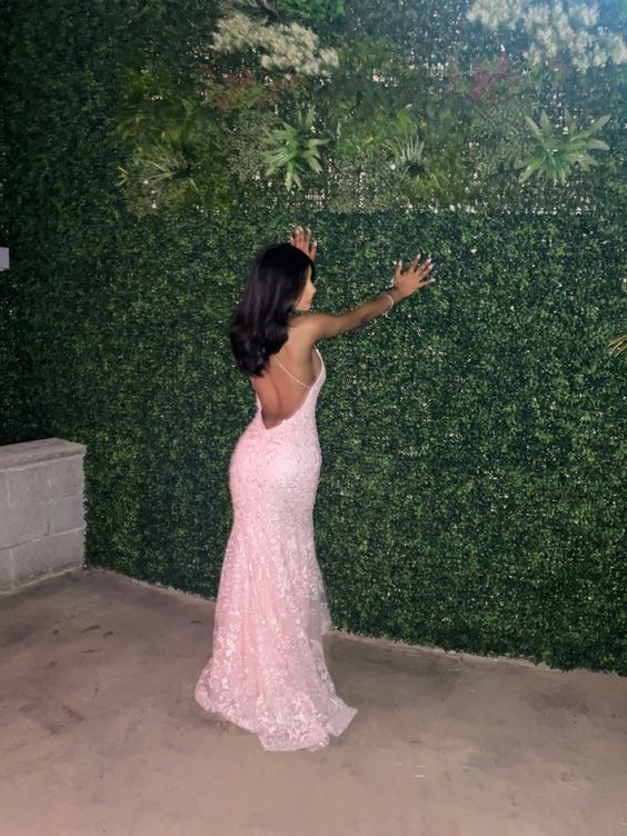 Sexy Mermaid Spaghetti Straps Sleeveless Lace Pink Classy Prom Dress Birthday Outfit
