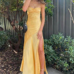 Sexy Mermaid Spaghetti Straps Sleeveless Party Dress Yellow Classy Prom Dress