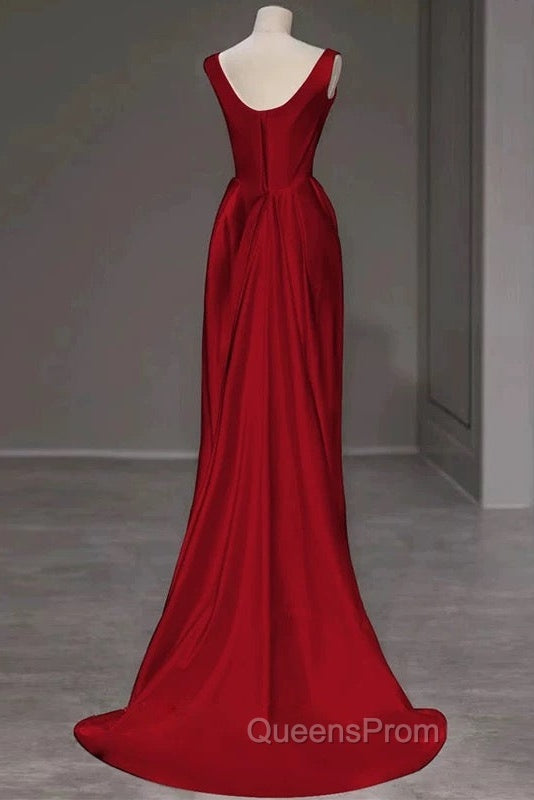 Sexy Mermaid Square Neckline Red Satin Floor Length Evening Prom Dress