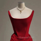 Sexy Mermaid Square Neckline Red Satin Floor Length Evening Prom Dress