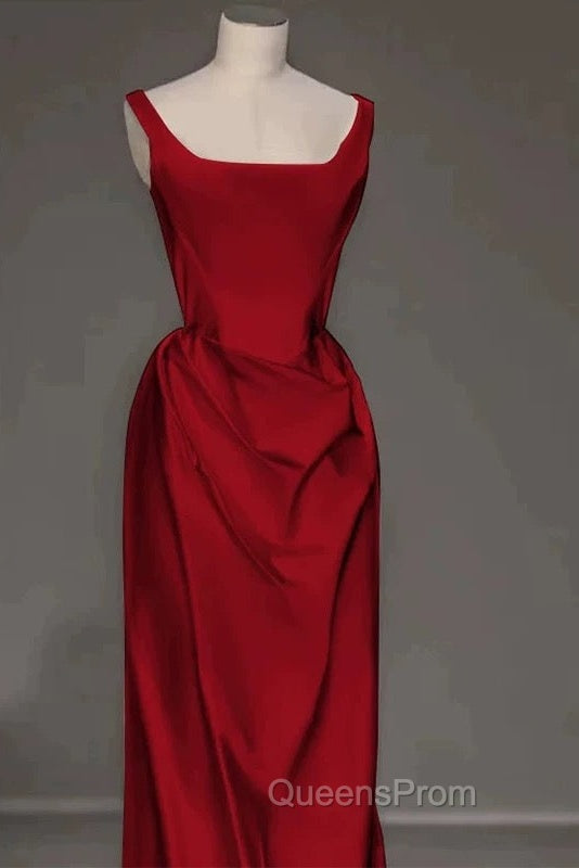 Sexy Mermaid Square Neckline Red Satin Floor Length Evening Prom Dress